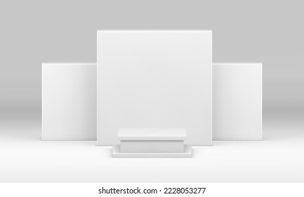 White 3d podium squared platform construction geometric stage museum gallery exhibition realistic vector illustration. Pedestal basic foundation advertising stand for product promo presentation design