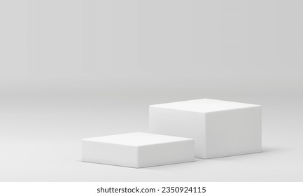 White 3d podium squared stairs with steps platform at neutral studio background vector illustration. Realistic pedestal geometric stand modern empty showcase isometric cube display for product show