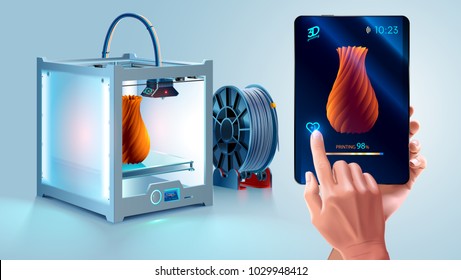 White 3d printer with filament spool. 3d printer printed vase. Maker hold tablet in hand. Mobile interface with 3d model. Tablet showing progress printing 3d model. Additive technology for hobby, diy