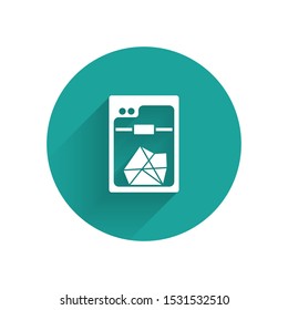White 3D printer icon isolated with long shadow. Green circle button. Vector Illustration