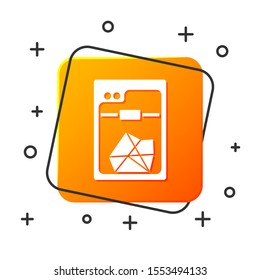 White 3D printer icon isolated on white background. Orange square button. Vector Illustration