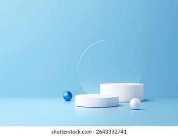 Exhibición blanca del producto 3D que presenta podios cilíndricos, un círculo de cristal translúcido, y esferas azules y blancas en un fondo azul claro sereno, maquetas modernas y presentaciones