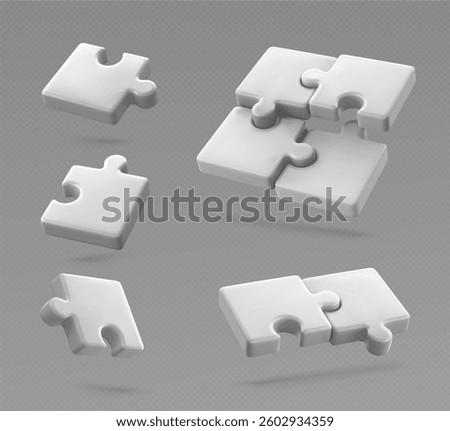 White 3d puzzle pieces, various shapes for completing jigsaw game. Realistic render of different matching elements, square corners and rounded edges for business solution, partnership and teamwork.