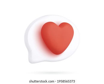 White 3d realistic bubble with red heart isolated on white background. Vector illustration