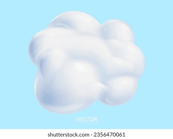 White 3d realistic cloud isolated on a blue background. Render plastic cartoon fluffy cloud icon in the sky. 3d geometric shape vector illustration