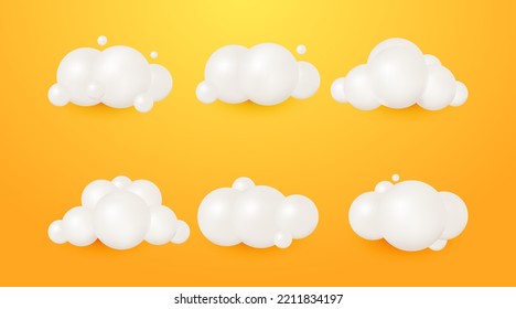 White 3d realistic clouds render soft round cartoon icon collection isolated on a yellow background