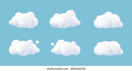 White 3d realistic clouds set isolated on a blue background. Render soft round cartoon fluffy clouds icon in the blue sky. 3d geometric shapes vector illustration