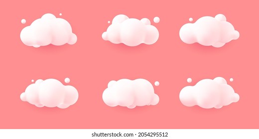 white 3d realistic clouds set isolated on a pink pastel background. Render soft round cartoon fluffy clouds icon in the  sky. 3d geometric shapes vector illustration