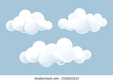 white 3d realistic clouds set isolated on a Blue background. Render soft round cartoon fluffy clouds in the sky.  round geometric shapes . icons vector illustration