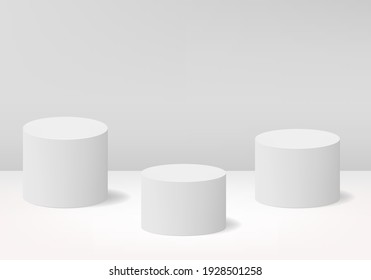 Podio blanco 3d de forma realista de cilindro. 3 etapas vacías para la presentación del producto. Ilustración vectorial de escena mínima.