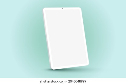 White 3D Realistic Tablet PC Mockup Frame With Angle Blank Screen.