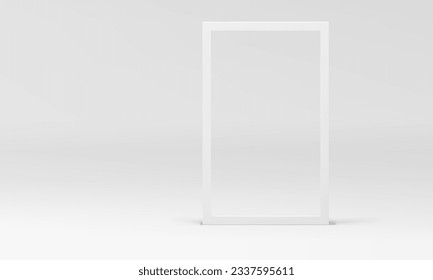 White 3d rectangle frame geometric shape at neutral studio background realistic vector illustration. Pastel rectangular border trendy rendering geometry form mock up for cosmetic product show