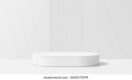 White 3d rendering product podium mockup on a minimal studio background with vertical striped wall design. Abstract display stand.