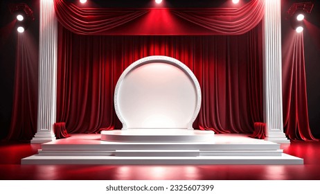 White 3D room with realistic white rectangle pedestal podium. luxury Stage podium with soft white lighting. white Stage Podium Scene for Award Ceremony with red Background,  product mockup Template.