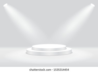 White 3d round podium with light and lamp. Winner stand with spotlights. Empty pedestal platform for award. Podium, stage pedestal or platform illuminated by light on isolated background. vector eps10