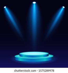 White 3d round podium with light and lamp. Winner stand with spotlights. Empty pedestal platform for award. Podium, stage pedestal or platform illuminated by light on isolated background. vector eps10