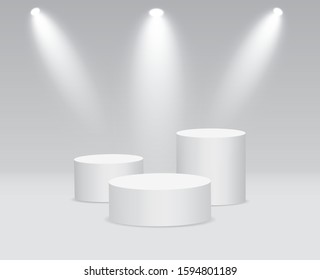 White 3d round podium with light and lamp. Winner stand with spotlights. Empty pedestal platform for award. Podium, stage pedestal or platform illuminated by light on isolated background. vector eps10