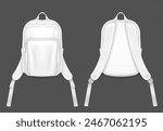 White 3d school or sport backpack mockup vector. Student bag with strap realistic design isolated illustration. Blank pack with zipper clipart template set. Casual front and back textile satchel