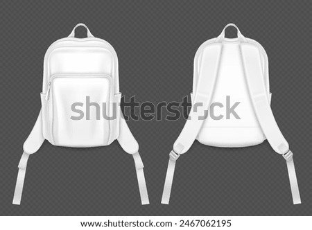 White 3d school or sport backpack mockup vector. Student bag with strap realistic design isolated illustration. Blank pack with zipper clipart template set. Casual front and back textile satchel