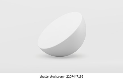 White 3d semi sphere decor element dynamic geometric form with shadow realistic vector illustration. Premium half ball elegant rotation platform decorative design abstract three dimensional figure