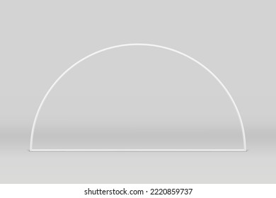 White 3d semicircle frame metallic decor element foundation minimalist studio background realistic vector illustration. Curved border abstract arch basic vertical figure for promo performance