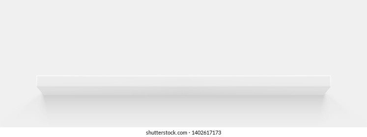 White 3d shelf on the wall. Wooden horizontal realistic empty shelf.