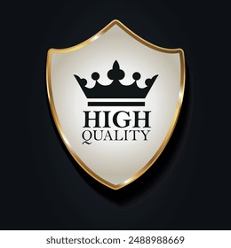 White 3D shield with golden frame and inscription Premium quality and crown. Vector on a black background