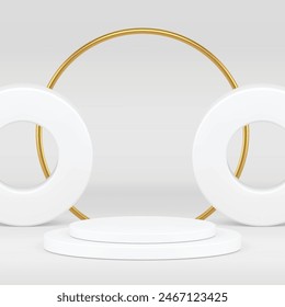 White 3d showcase cylinder podium pedestal with golden ring wall background realistic vector illustration. Elegant luxury light display premium geometric showroom for expensive product presentation