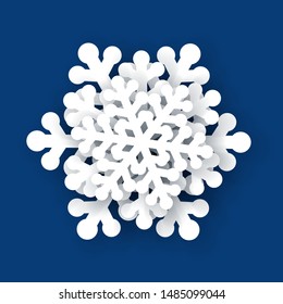 White 3D snowflake icon on a blue background. Vector illustration. Christmas and New Year design.
