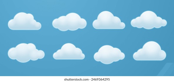 White 3d soft and fluffy clouds isolated on blue background. Vector illustration