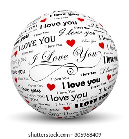 White 3D Sphere with Mapped "I Love You" Texture on White Background and Smooth Shadow
