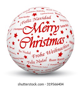 White 3D Sphere with Mapped "Merry Christmas" Texture on White Background and Smooth Shadow. Holiday Season - Christmas Greeting Card - Symbol, Decoration, Decor, Icon.