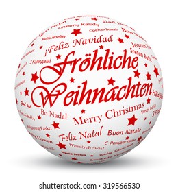 White 3D Sphere with Mapped "Merry Christmas" Texture on White Background and Smooth Shadow in German Language. Holiday Season - Christmas Greeting Card - Symbol, Decoration, Decor, Icon.