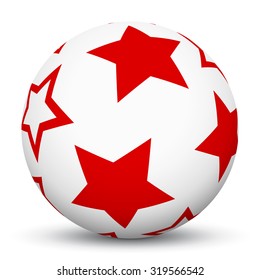 White 3D Sphere with Mapped Red Star Texture on White Background and Smooth Shadow. Holiday Season - Christmas Symbol, Decoration, Decor, Icon.