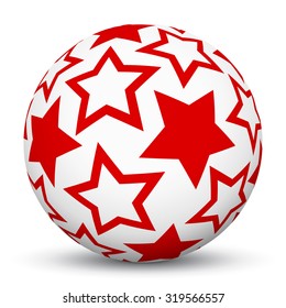White 3D Sphere with Mapped Red Star Texture on White Background and Smooth Shadow. Holiday Season - Christmas Symbol, Decoration, Decor, Icon.