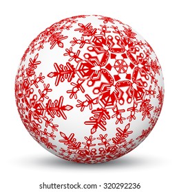 White 3D Sphere with Mapped Snowflake Texture on White Background and Smooth Shadow. Holiday Season - Christmas Greeting Card - Symbol, Decoration, Decor, Icon.