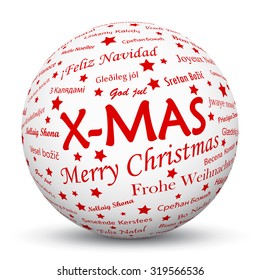 White 3D Sphere with Mapped X-MAS Texture Pattern on White Background. Holiday Season - Christmas Greeting Card - Symbol, Decoration, Decor, Icon.