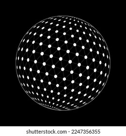 White 3D sphere wireframe on black background. Grid ball with triangles and hexagons. Orbit spherical model. Futuristic globe figure. Vector outline illustration.