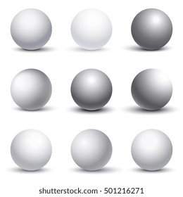 White 3D spheres with shadows vector set. Shape of round element illustration