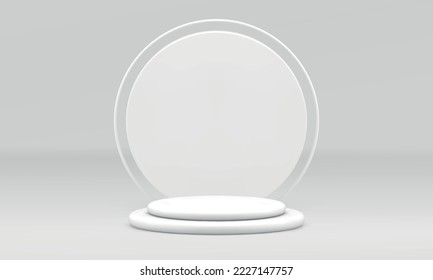 White 3d stage pedestal award arena round step foundation platform for product presentation realistic vector illustration. Podium scene geometric showcase round frame premium display expo base design