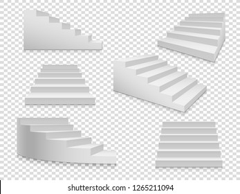 White 3d stairs. Vector ladder or stairway up to success, home staircase on transparent background