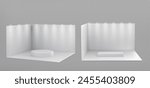 White 3d stand booth wall for trade display design. Exhibition event to show presentation on podium in corner blank mock up template. Isolated showroom interior or store box space for advertising set