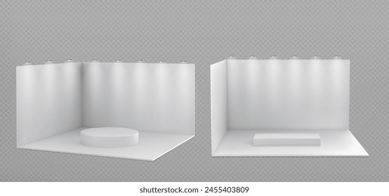 White 3d stand booth wall for trade display design. Exhibition event to show presentation on podium in corner blank mock up template. Isolated showroom interior or store box space for advertising set