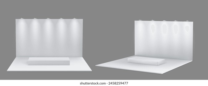 White 3d stand booth wall for trade display design. Exhibition event to show presentation on podium in corner blank mock up template. Isolated showroom interior or store box space for advertising set