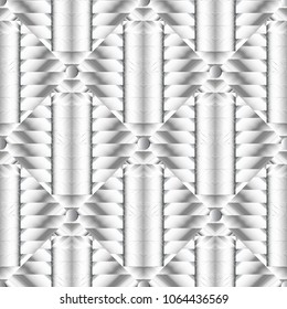White 3d striped seamless pattern. Vector silver silk background. Stripes, lines, zigzag, recnangles, circles, rhombus. Surface geometric abstract ornaments. Textured   design for wallpapers, fabric