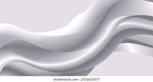 White 3d texture waves curve backround. Abstract vector pattern with copy space. Liquid wave texture, smooth drapery wallpaper. Wavy design for banner, card, postcard, backdrop.