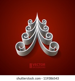 White 3d thick paper Christmas tree on red background vector illustration