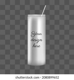 White 3d tumbler mockup template design. Silver takeaway coffee cup with steel straw. Isolated vector reusable mug.