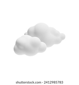 White 3d two clouds vector icon. Cartoon weather forecast cloudy symbol, 3D realistic meteorology design element plasticine or clay texture. Render soft round fluffy cloud isolated