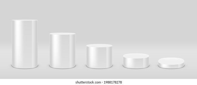 White 3D Various Cylinder Stages Or Product Podiums. EPS10 Vector